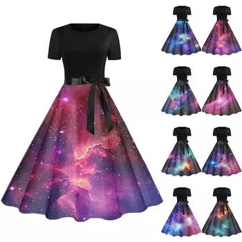 Платье-клеш в стиле ретро с принтом для женщин, повседневное, с коротким рукавом, круглым вырезом, винтажное платье L синий