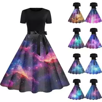 Платье-клеш в стиле ретро с принтом для женщин, повседневное, с коротким рукавом, круглым вырезом, винтажное платье L синий