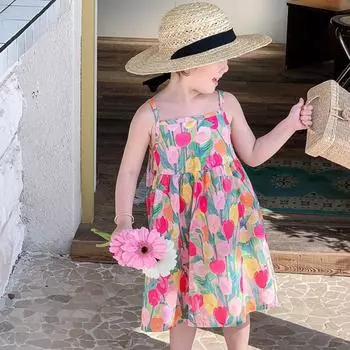 Платье-комбинация для девочек, летнее платье с цветочным рисунком маслом, милое платье принцессы, детское платье без рукавов 11