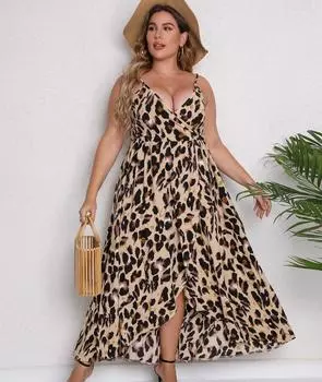 Платье-комбинация размера плюс с леопардовым принтом, женское летнее сексуальное повседневное уличное платье с высокой талией, длинные платья макси