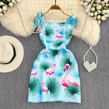 Платье-комбинация с французским галстуком-бабочкой и принтом фламинго Высокое стильное платье без рукавов