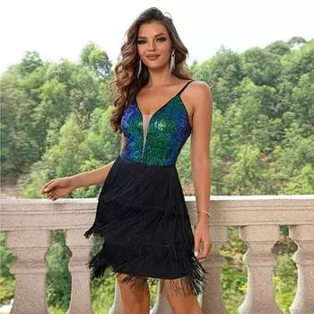 Платье-комбинация с контрастной сетчатой вставкой из пайеток, многослойным подолом и бахромой XS