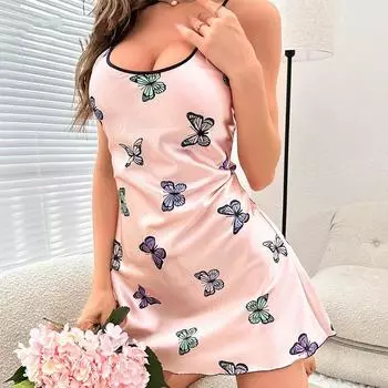 Платье-комбинация с мультяшной бабочкой, искусственный шелк, сексуальная ночная рубашка с открытой спиной, простая ночная рубашка из ледяного шелка S розовый