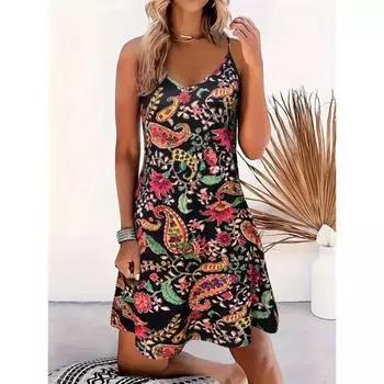 Платье-комбинация с открытой спиной и принтом пейсли, отпускное платье без рукавов с v-образным вырезом, женская одежда S