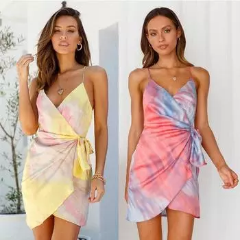 Платье-комбинация с принтом тай-дай, женское летнее мини-платье на шнуровке, женское элегантное тонкое платье с открытой спиной, нерегулярное женское платье Vestidos S жёлтый