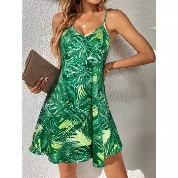 Платье-комбинация с принтом тропических растений, повседневное летнее платье без рукавов с V-образным вырезом для отпуска, женская одежда S