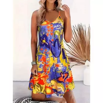 Платье-комбинация с V-образным вырезом и принтом по всей поверхности, повседневное платье без рукавов со свободными бретелями на весну и лето, женская одежда S