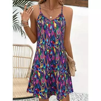 Платье-комбинация с V-образным вырезом и принтом в этническом стиле, повседневное платье на тонких бретельках без рукавов на весну и лето, женская одежда S