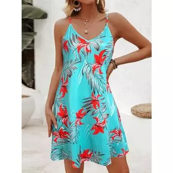 Платье-комбинация с V-образным вырезом и цветочным принтом, повседневное летнее платье без рукавов, женская одежда S