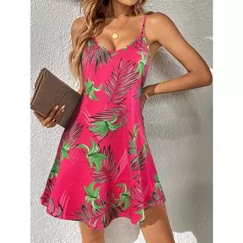 Платье-комбинация с V-образным вырезом и растительным принтом, отпускное платье на тонких бретельках без рукавов на весну и лето, женская одежда S
