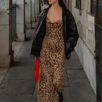 Платье-комбинация Yousheng Lady с леопардовым принтом, открытой спиной, тонкой талией, глубоким вырезом, V-образным вырезом, без рукавов, А-силуэта, выпускного вечера, коктейльного клуба, вечеринки, макси-платье L хаки