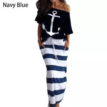 Платье-комплект на одно плечо в морском стиле с принтом якоря и бретелькой через шею для женщин 4XL синий