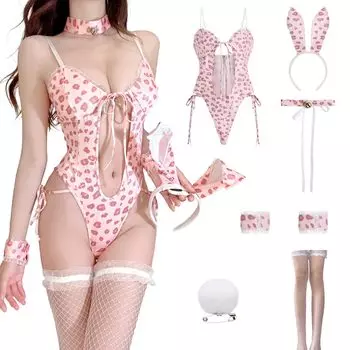 Платье кролика, заколка для волос, ожерелье, боди, хвост, сетка, сексуальная промежность, пара, эротическая одежда для взрослых [aninako] девушка/кролик [комплект из 6 предметов, + + промежность-открытие +