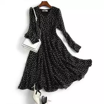 Платье-круг из шелка Mulberry с V-образным вырезом S чёрный