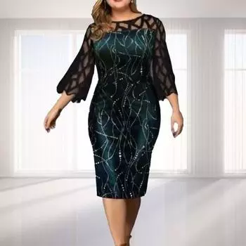 Платье, кружевное лоскутное платье-миди, мягкое винтажное платье миди с принтом, женская одежда 4XL зелёный