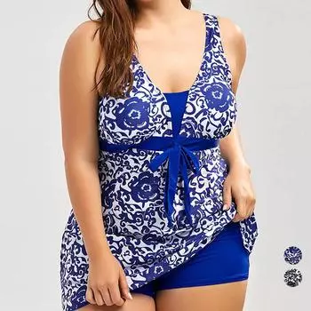 Платье Купальник Женщины Цветочный Принт Пляжная Одежда Пуш-Ап Мягкий Купальный Костюм Купальный Костюм Плюс Размер XL чёрный