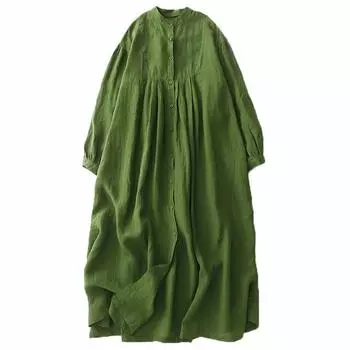 Платье льняного зеленого цвета с длинными рукавами, женское, начало осени, новый литературный темперамент, свободная юбка-халат M зелёный