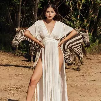 Платье Lady Beach Maxi с V-образным вырезом, короткими складками, шнуровкой на рукавах, разрезом по низу, глубоким вырезом, декором из витой веревки армия зеленый