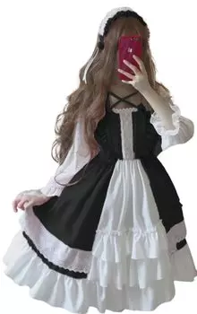 Платье Lady Lazy Lolita с длинными рукавами, юбка с оборками, простая длина до колена [Lady Lazy] (черный)