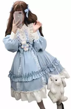 Платье Lady Lazy Lolita с длинными рукавами, цельное платье с плюшевым мишкой, длина до колена [Lady Lazy] (Светло-голубой, L) коричневый