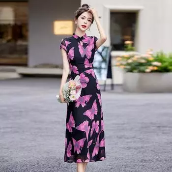 Платье летнее новое нишевый дизайн темперамент талия и тонкий улучшенный цветочный ципао длинная юбка S