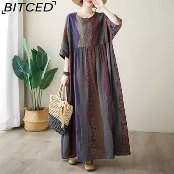 Платье Лето Хлопок Льняной Круглый вырез Короткий рукав Вертикальная полоска Простое Длинное Платье в стиле бохо One Size кофейный