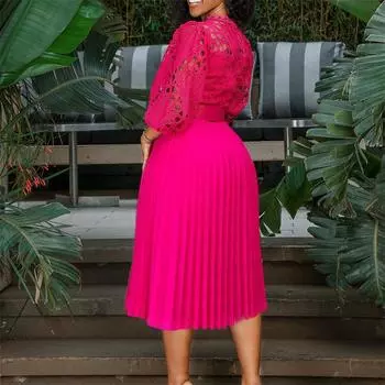 Платье Лето Вязание Крючком Сексуальный Вырез Женщины Плиссированные Мода Рукав 3/4 Плюс Размер Кружева S розовый