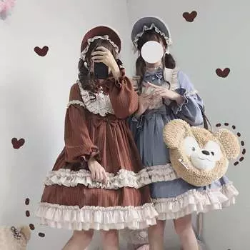 Платье Лолиты, повседневное платье в стиле ретро, вечернее платье для девочек, платье с длинными рукавами One Size синий