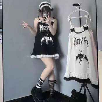 Платье-майка без рукавов в стиле готического панка, женские платья в стиле феи в стиле гранж с принтом Y2k, сексуальный халат в стиле Харадзюку, уличная одежда, черные платья M чёрный