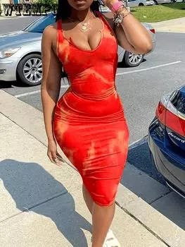 Платье-майка Bodycon Color Block, элегантное платье без рукавов для весны и лета, женская одежда S оранжево-красный