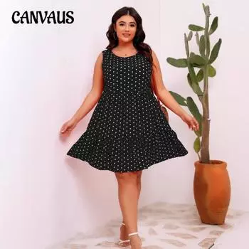 Платье-майка большого размера для женщин с круглым вырезом без рукавов в горошек с оборками 0XL красный