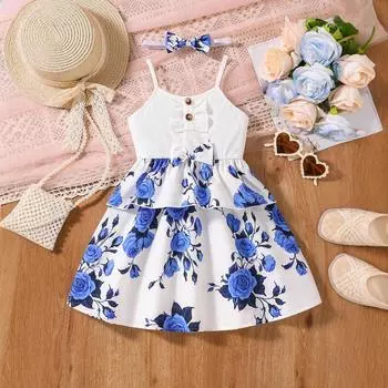 Платье-майка для девочек, детское нарядное милое платье, летнее платье принцессы с цветочным принтом 90cm темно-синий