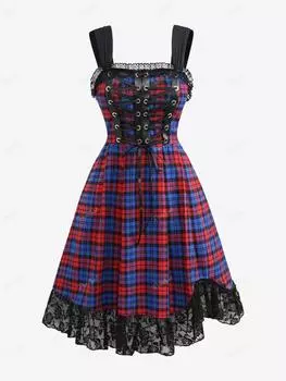 Платье-майка Rosegal размера плюс с цветочным кружевом и люверсами на шнуровке в клетку 2XL синий