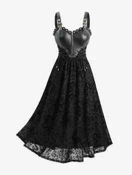 Платье-майка Rosegal размера плюс с принтом драконов и цветами из искусственной кожи с лоскутным узором и шнуровкой 3XL чёрный