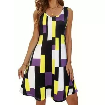 Платье-майка с круглым вырезом и геометрическим принтом, повседневное платье трапециевидной формы без рукавов на весну и лето, женская одежда S