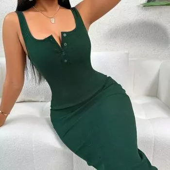 Платье-майка с пуговицами спереди и круглым вырезом без рукавов, платье-карандаш для женской одежды на весну и лето S зелёный