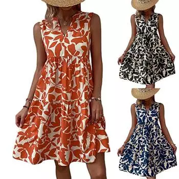 Платье-майка с V-образным вырезом и рюшами в богемном стиле, платье с принтом, свободное платье длиной до колена без рукавов S оранжевый