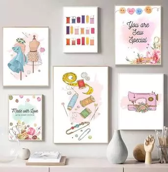 Платье машинная игла нитки ножницы красивые швейные плакаты и принты настенное искусство холст картины картины для декора комнаты для рукоделия 21x30cm No Framed