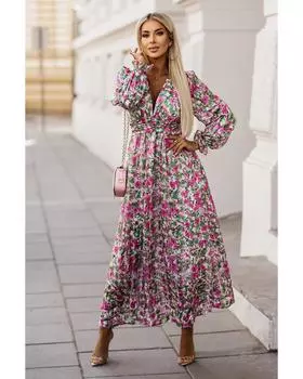 Платье макси Azura Exchange Green с цветочным принтом, глубоким V-образным вырезом, присборенной талией и сборками M зелёный