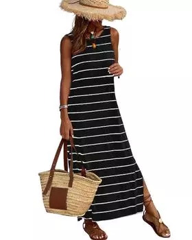 Платье макси Azura Exchange Stripe Print с открытой спиной, без рукавов и разрезами L чёрный