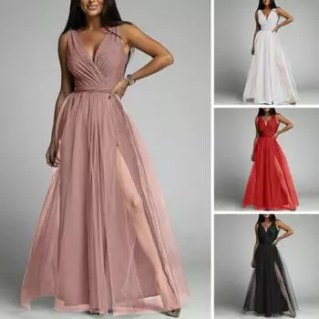 Платье макси для выпускного вечера с глубоким V-образным вырезом, двухслойное банкетное платье до щиколотки M шампанского