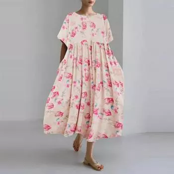 Платье макси из хлопка и льна с узором для отпуска, летнее, для путешествий, винтажное, с круглым вырезом и коротким рукавом, для женщин one size чёрный