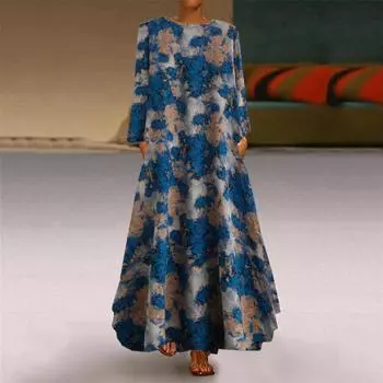 Платье макси из хлопка и льна с узором для отпуска, весна-осень, для путешествий, винтажное, с круглым вырезом и длинным рукавом, для женщин L темно-синий
