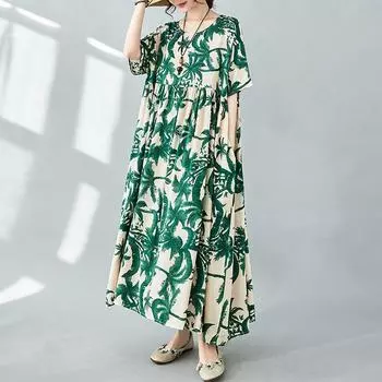 Платье макси из хлопка и льна с узором для отпуска, летнее, для путешествий, винтажное, с круглым вырезом и коротким рукавом, для женщин one size чёрный