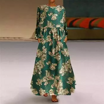 Платье макси из хлопка и льна с узором для отпуска, весна-осень, для путешествий, винтажное, с круглым вырезом и длинным рукавом, для женщин L зелёный
