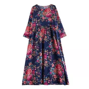 Платье макси из хлопка и льна с узором для отпуска, весна-осень, для путешествий, винтажное, с круглым вырезом и длинным рукавом, для женщин L зелёный