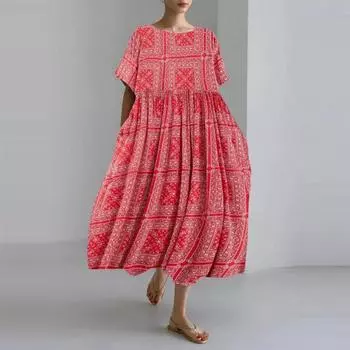 Платье макси из хлопка и льна с узором для отпуска, летнее, для путешествий, винтажное, с круглым вырезом и коротким рукавом, для женщин one size чёрный