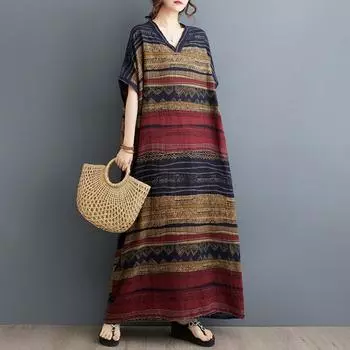 Платье макси из хлопка и льна больших размеров для женщин, свободное длинное платье с V-образным вырезом и коротким рукавом, летнее пляжное платье в стиле бохо зелёный