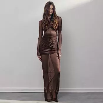 Платье макси из прозрачной сетки в европейском и американском стиле 2025 года — сексуальное и облегающее Extra Small