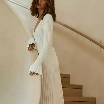 Платье макси из трикотажного полотна с боковыми разрезами, женское, однотонное, с V-образным вырезом, облегающее, осеннее, шикарное, для офисных леди, длинное, для поездок на работу S абрикосовый